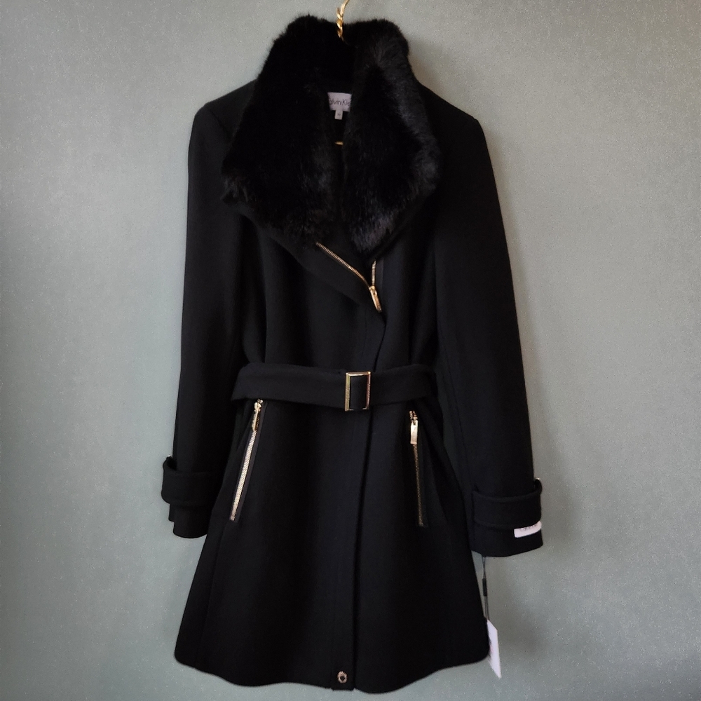 CALVIN KLEIN Black Faux Fur Collar Asymmetric Zipper Size 10